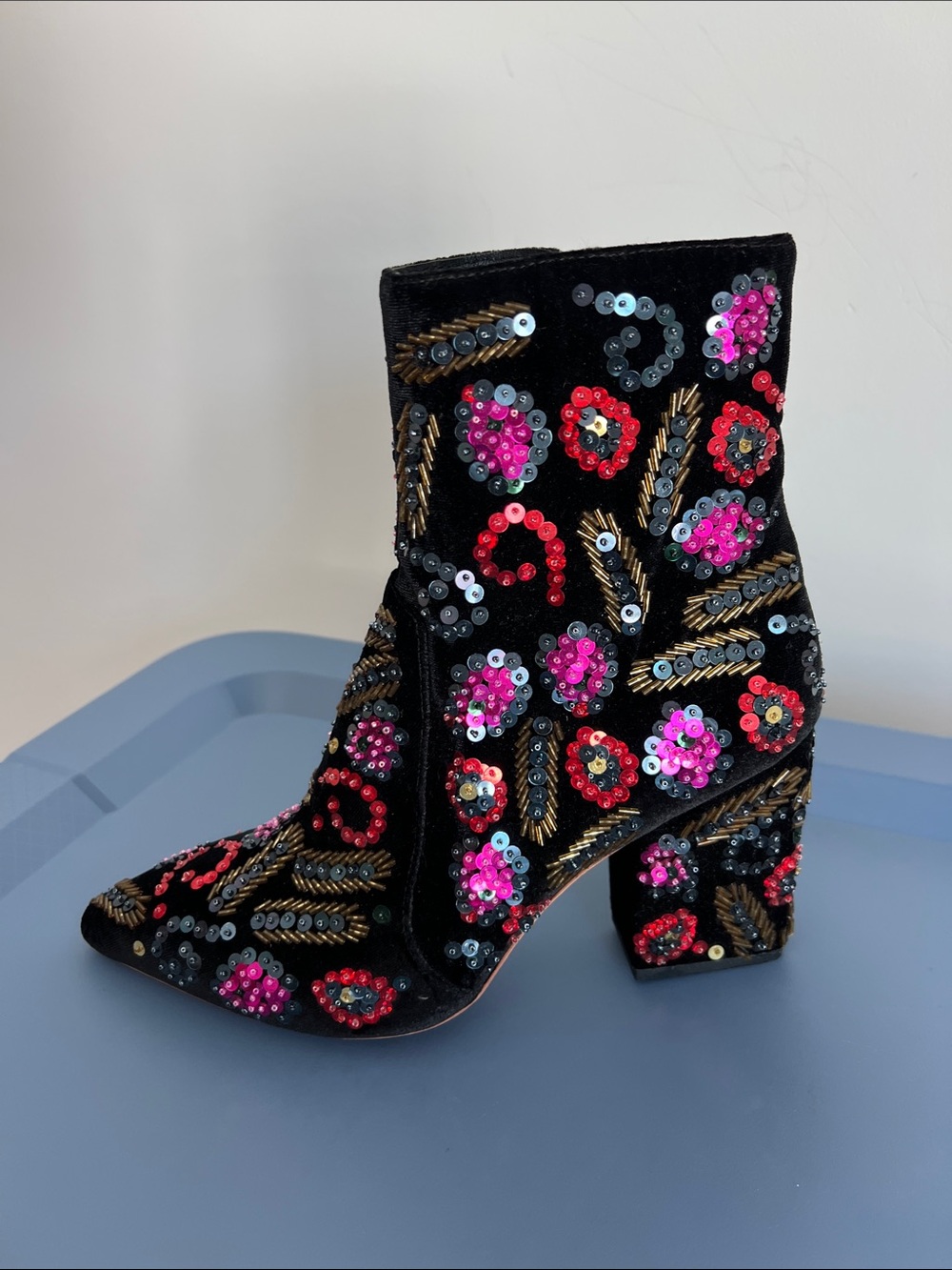 Loeffler Randall isla black velvet multicolored sequins heeled pointed toe boots - Picture 11 of 13